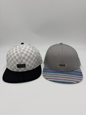 Vans Two-Pack Snapback Hats in White Checker/Black and Gray with Striped Brim